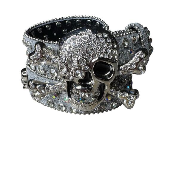 Unisex Punk Skull Belt Silver Sparkle Diamond Rhinestone Glitter Goth Belt 43" - Picture 1 of 5